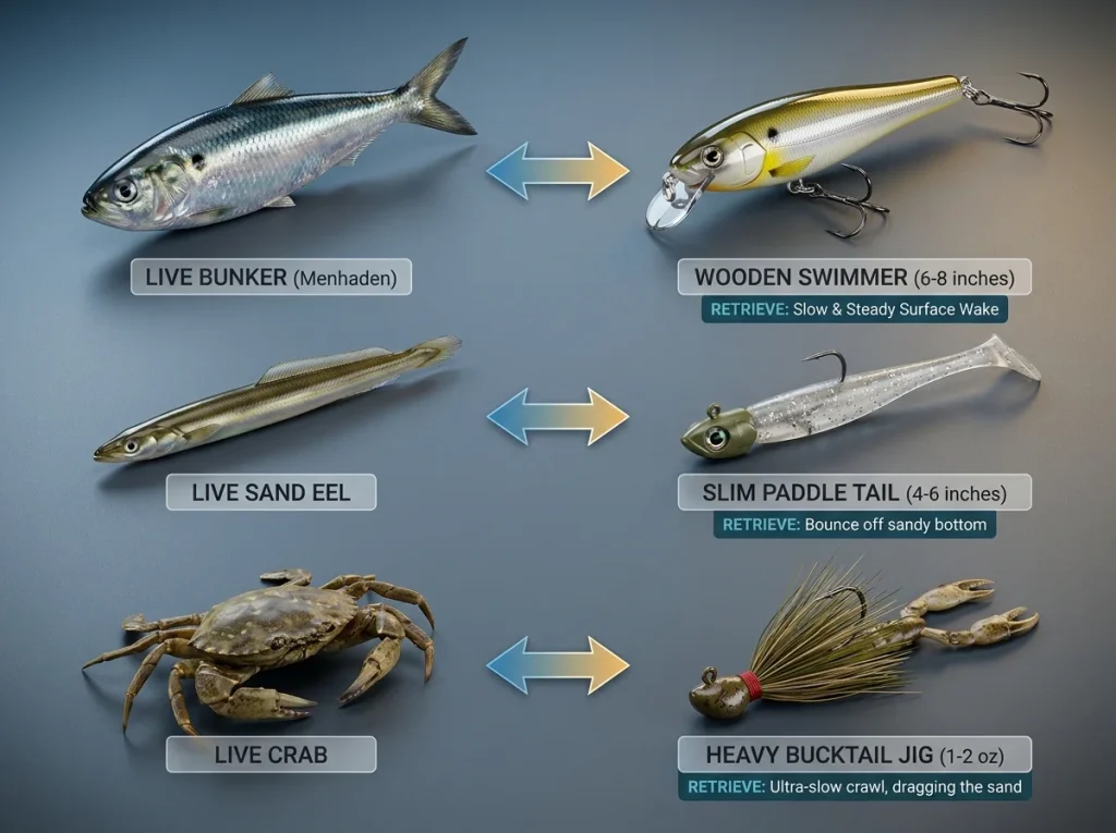 Infographic matching live striped bass forage like bunker, sand eels, and crabs to their corresponding artificial lures with retrieve instructions