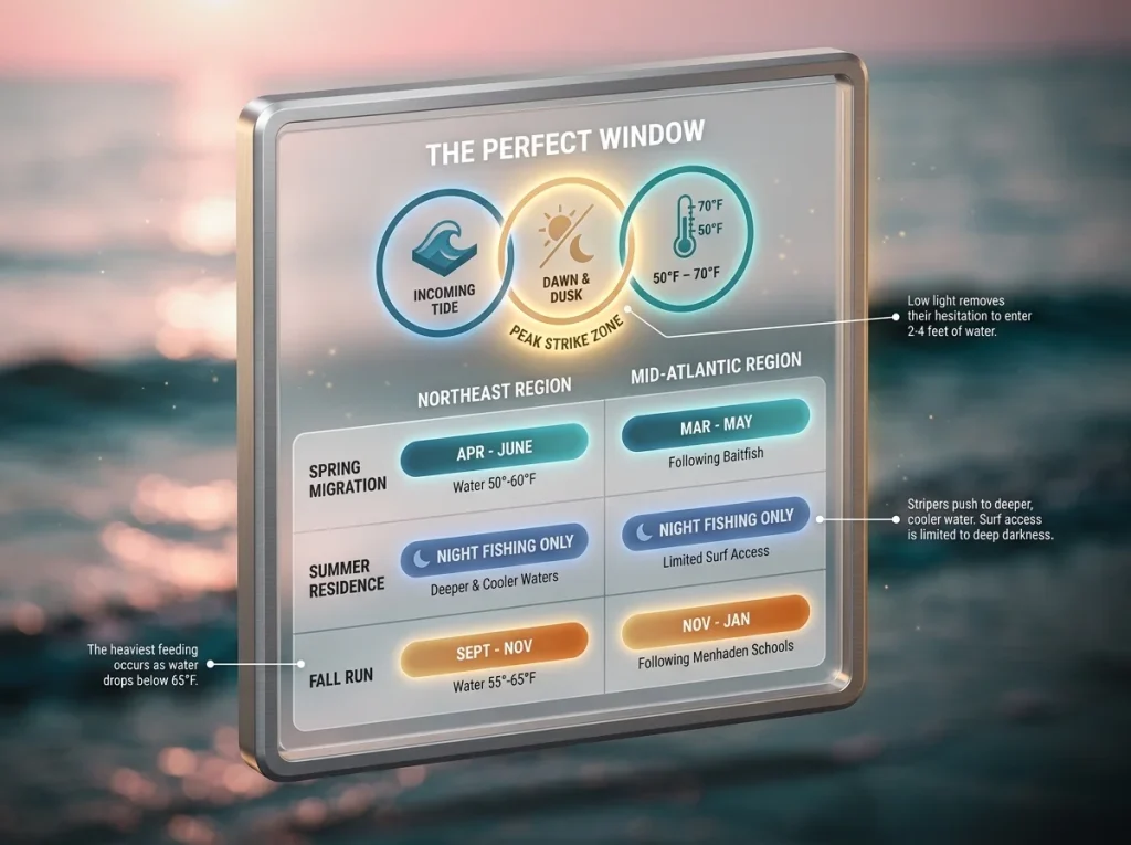 Infographic showing a monthly calendar grid for striped bass surf fishing with tidal, light, and temperature conditions by region
