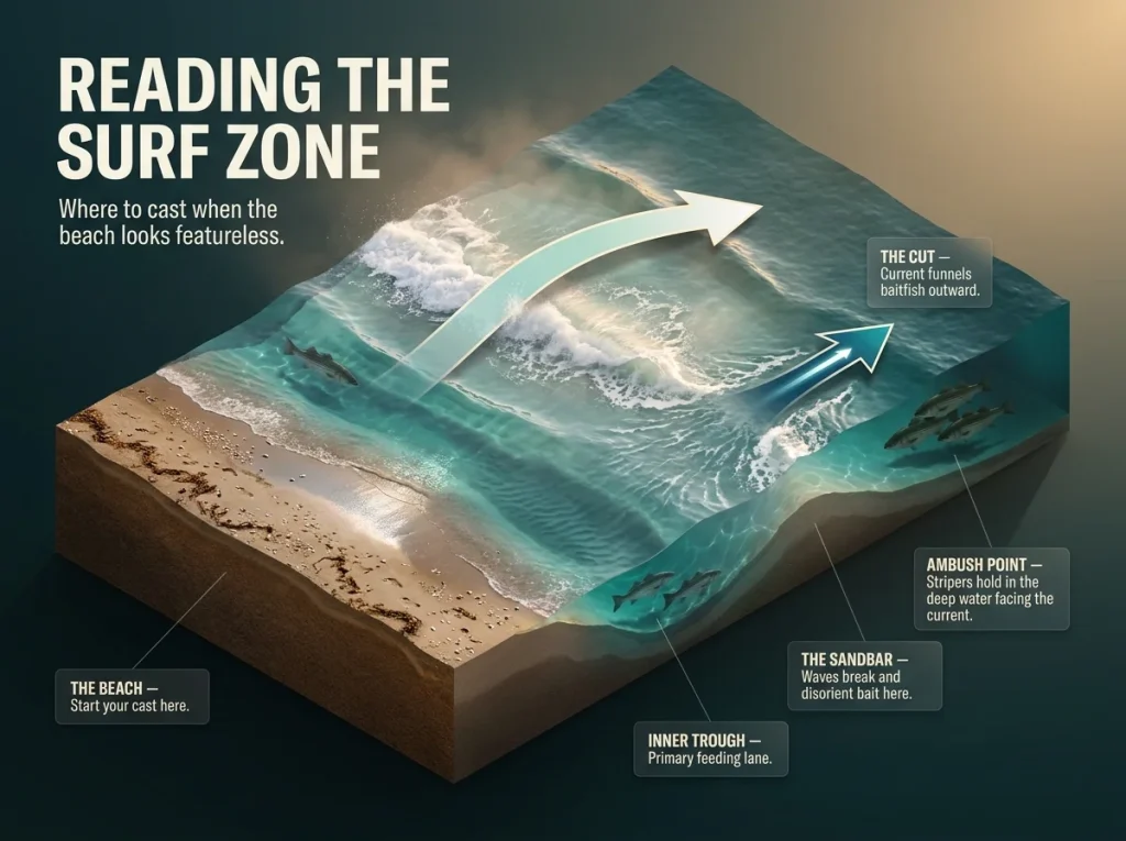 Infographic showing an overhead surf zone diagram with labeled sandbars, troughs, cuts, current flow arrows, and striped bass ambush points