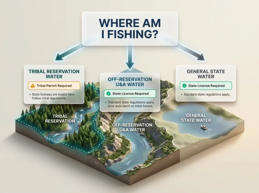 Infographic showing a decision tree for fishing treaty waters with license requirements for reservation, U&A, and state areas.