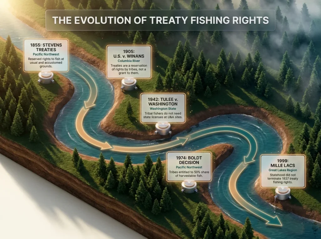 Infographic showing a timeline of five major Native American treaty fishing rights court cases with geographic regions and legal impacts.