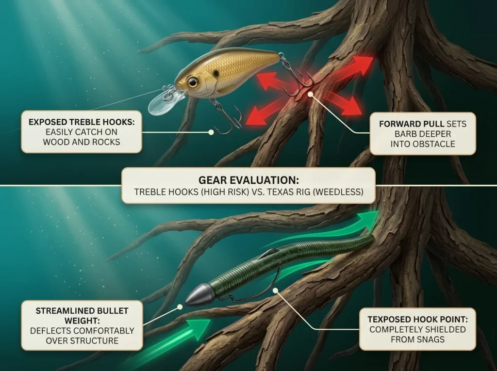Comparison diagram showing an exposed treble hook crankbait snagging wood versus a weedless Texas-rigged soft plastic.
