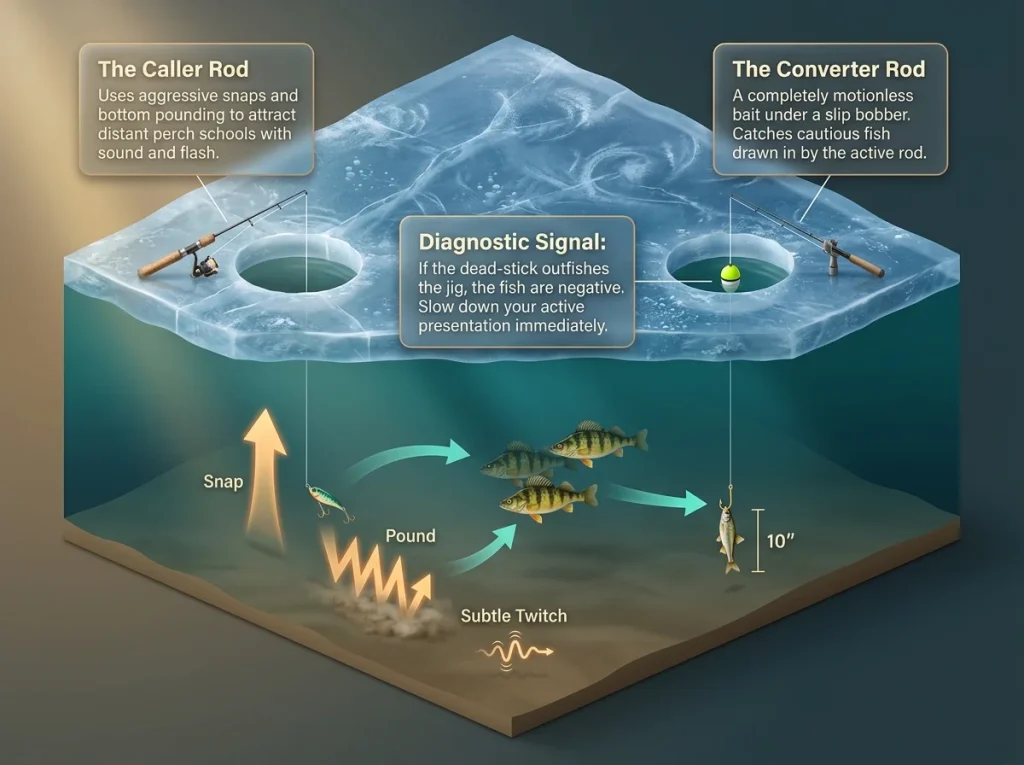 Ice fishing two-rod system diagram showing a jigging hole and a dead-stick hole with text labels and flow arrows.