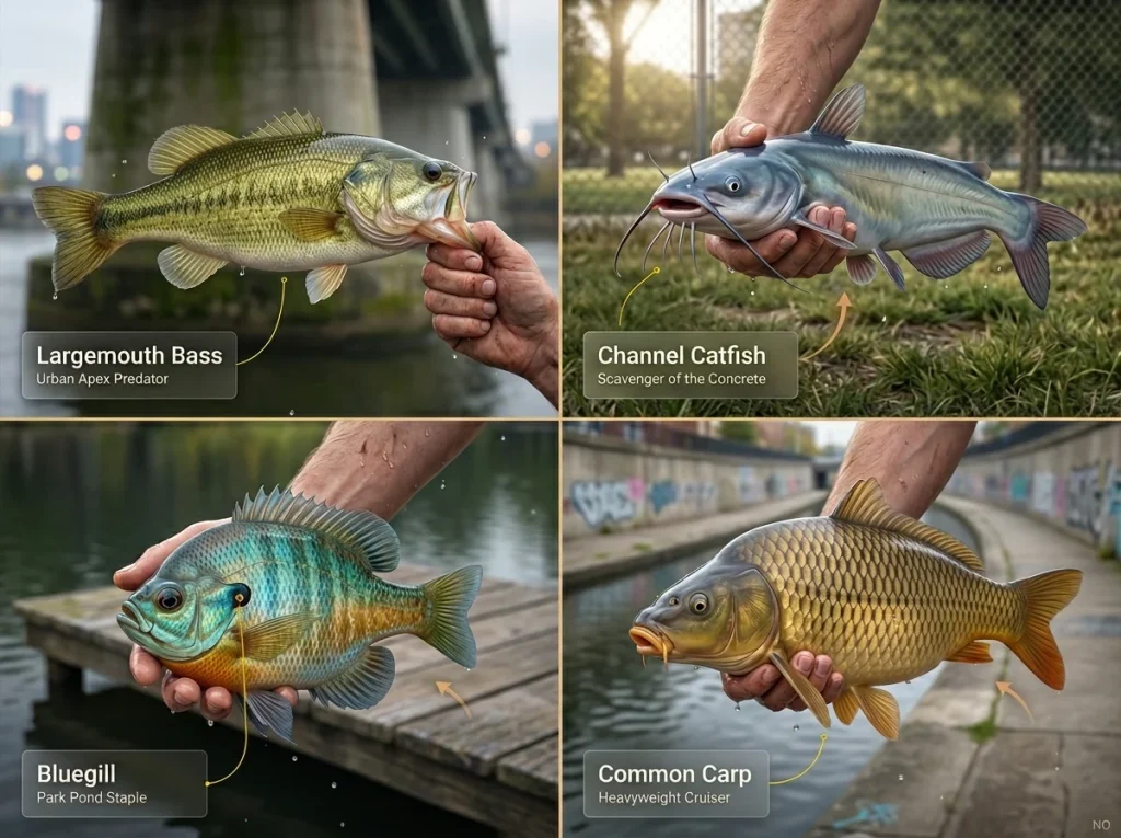 Documentary four-panel guide identifying largemouth bass, channel catfish, bluegill, and common carp in urban settings.