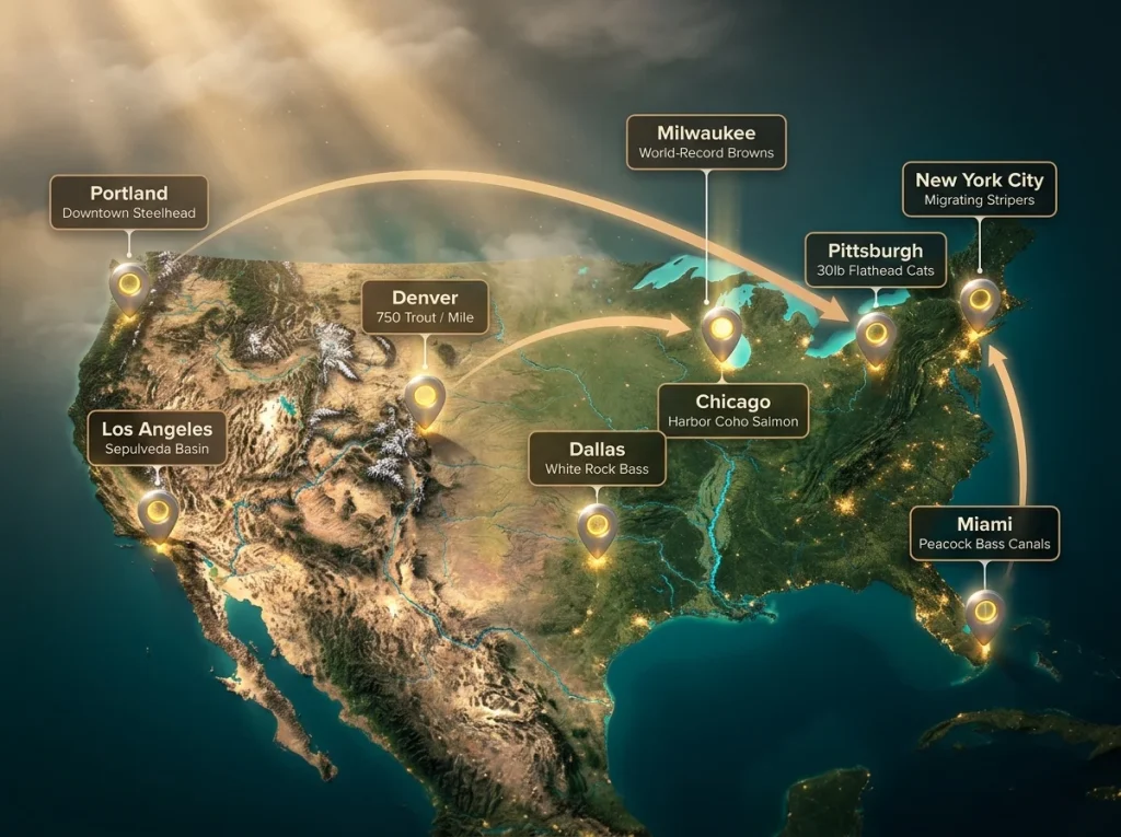 Infographic map of the US highlighting 9 top urban fishing cities with species stats and glowing location pins.