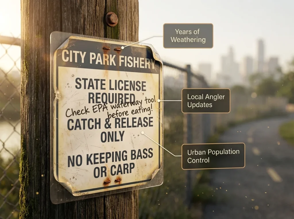Close-up of a weathered city park fishing sign showing catch-and-release rules and state license requirements.