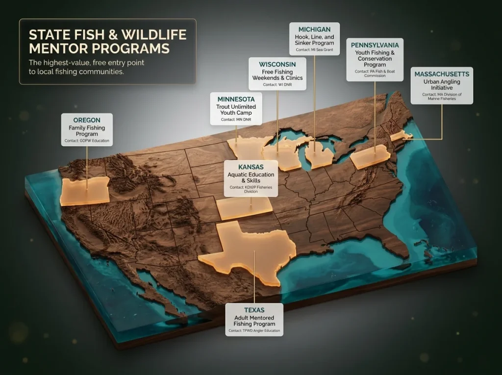 Isometric 3D topological map of the US highlighting states with adult fishing mentor programs and contact info