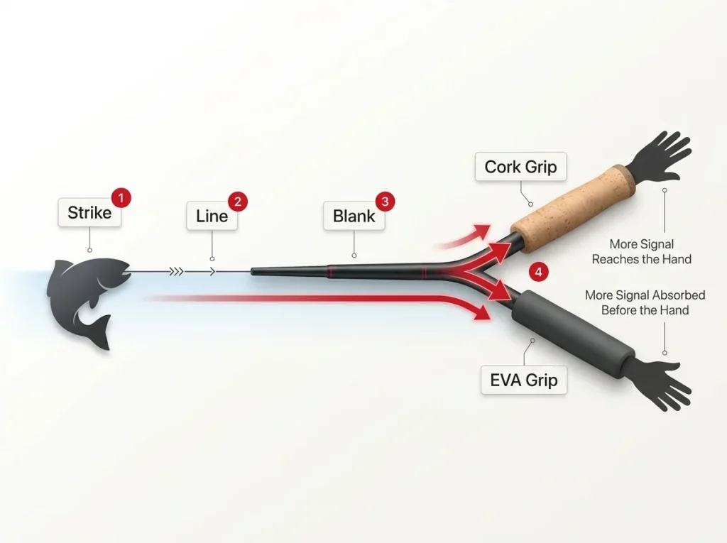 Diagram showing fish strike vibration path from line to blank to handle to hand, comparing cork versus EVA signal transmission