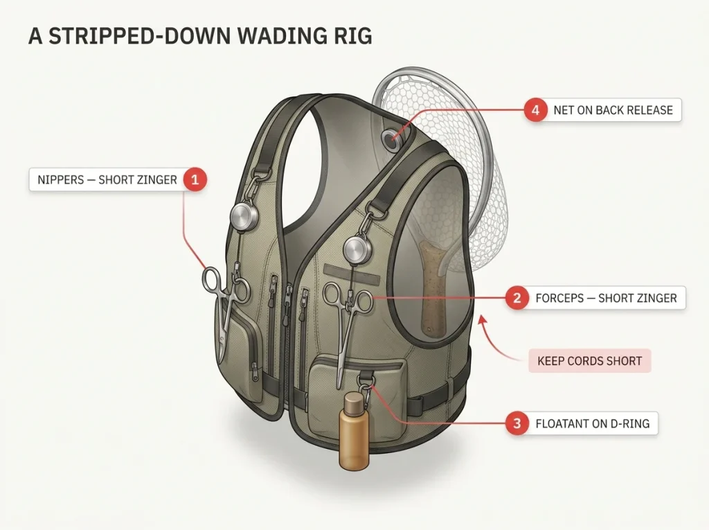 Annotated vest layout showing where each wading tool docks: nippers and forceps on short zingers, net on a back release, floatant on a D-ring