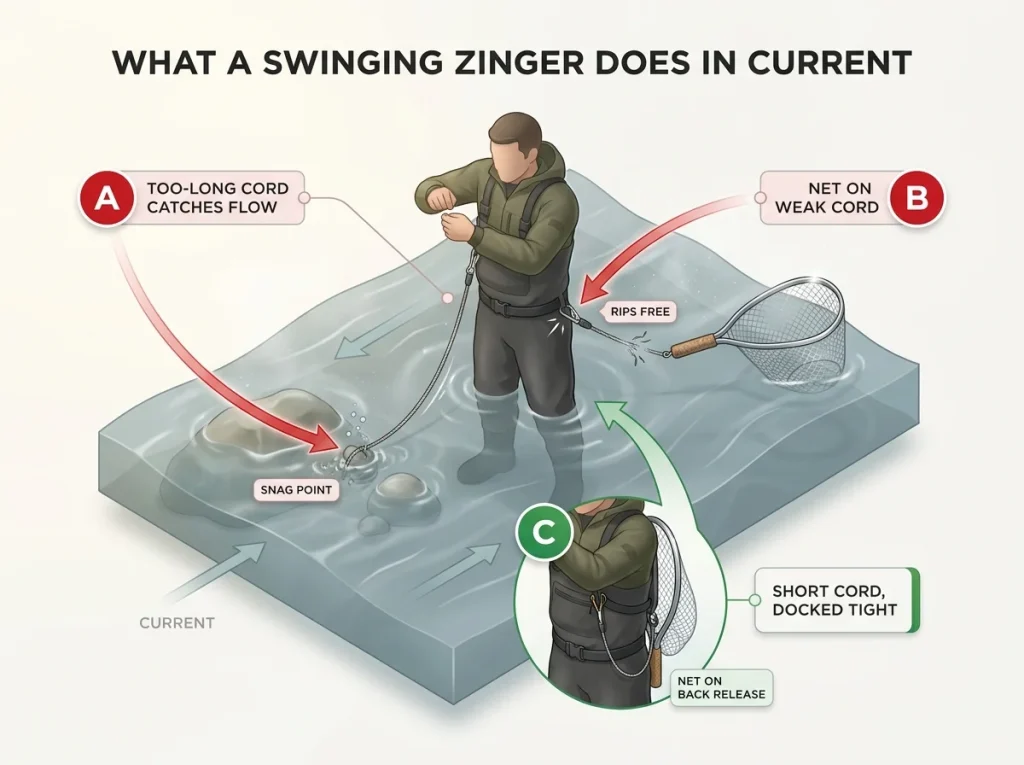Annotated diagram of a wading angler in current showing a long swinging zinger, a net on a weak retractor, and the short-cord fix