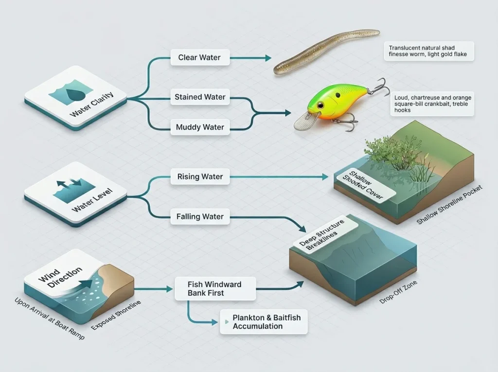 Technical fishing flowchart showing water clarity, level, and wind conditions leading to optimal lure choices.