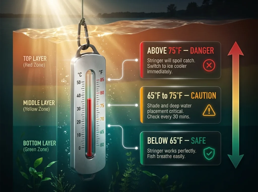 Infographic showing water temperature safety zones for fish stringers with green, yellow, and red action indicators