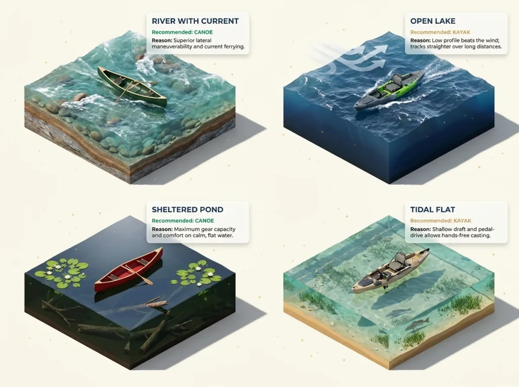Infographic showing four different water types with recommended canoe or kayak choices for each environment