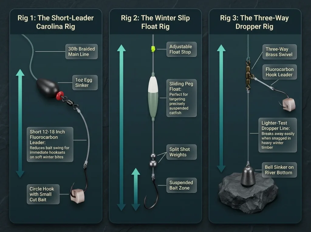 Technical diagram of three winter catfish rigs showing component labels, short leaders, and optimal depth annotations.