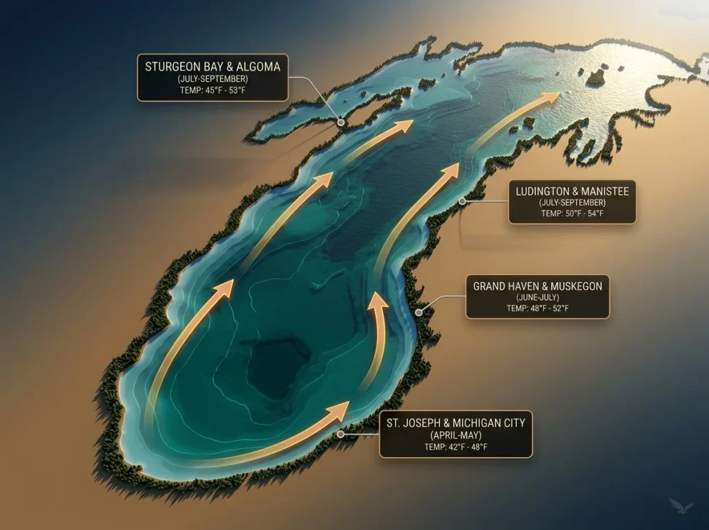 Map graphic of Wisconsin Lake Michigan salmon ports highlighting peak months and the Door County migration corridor.