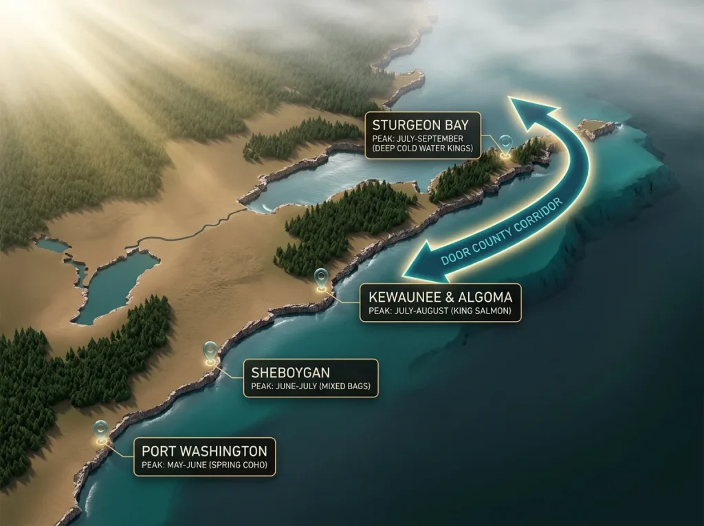 Map graphic of Wisconsin Lake Michigan salmon ports highlighting peak months and the Door County migration corridor.