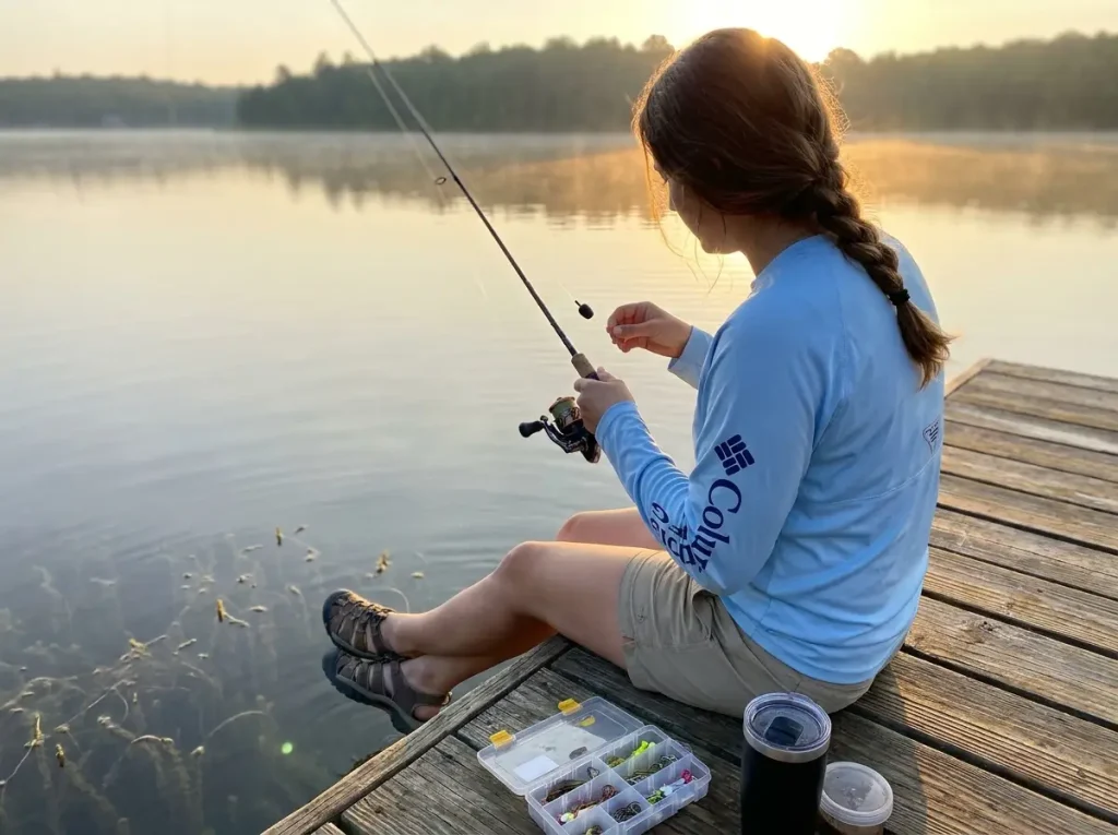 Angler adjusting slip bobber depth stop on a lake dock at sunrise