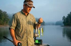 Alabama Rig vs Umbrella Rig Setup and State Laws Alabama rig with five swimbaits ready to cast from a bass boat at dawn