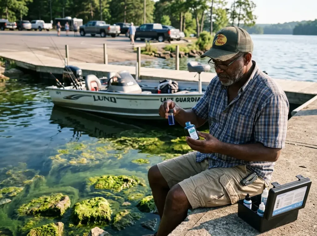 Green algae bloom on lake surface near a boat launch with test kit in foreground