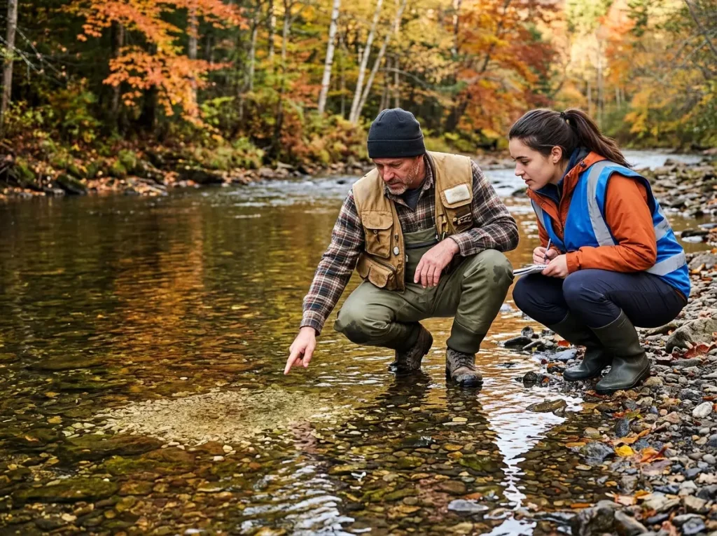 Angler crouching beside a stream spotting a trout spawning redd in shallow gravel during fall