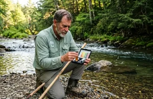 5 Water Tests That Tell You More Than Your Sonar Angler kneeling by stream holding water quality test kit with fishing rod nearby