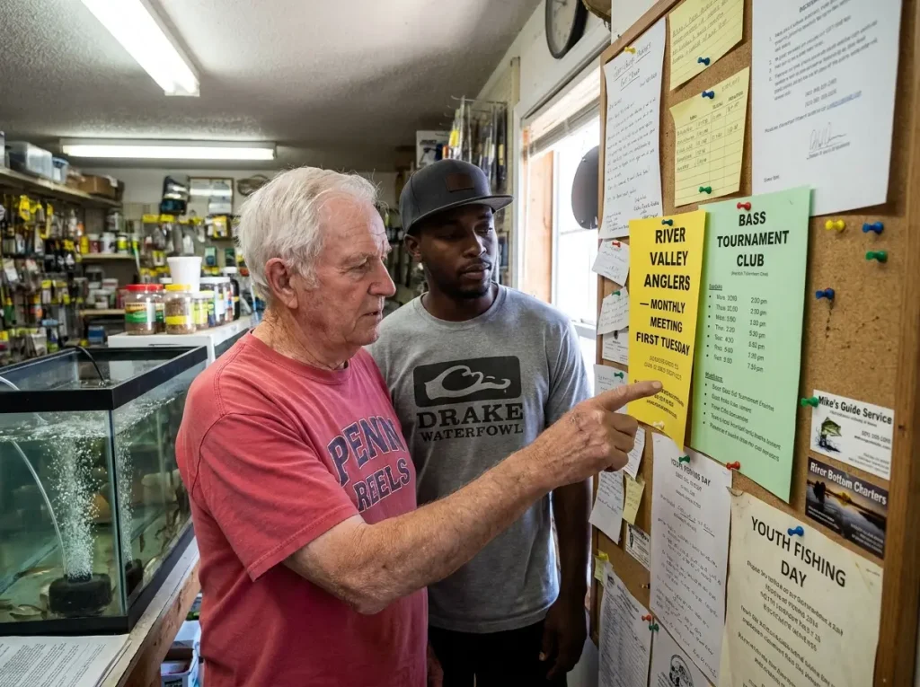 Bait shop community bulletin board covered in fishing club flyers and tournament notices.
