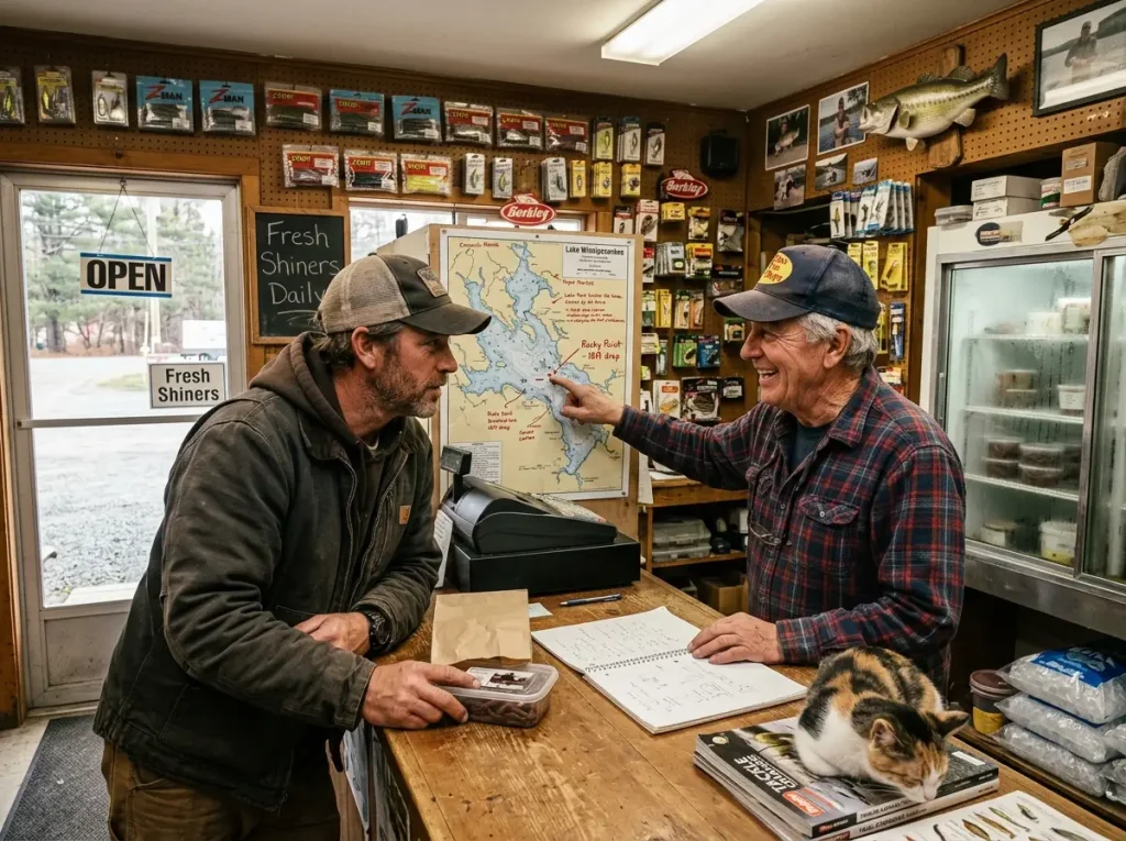 Angler talking to a bait shop owner with local fishing information