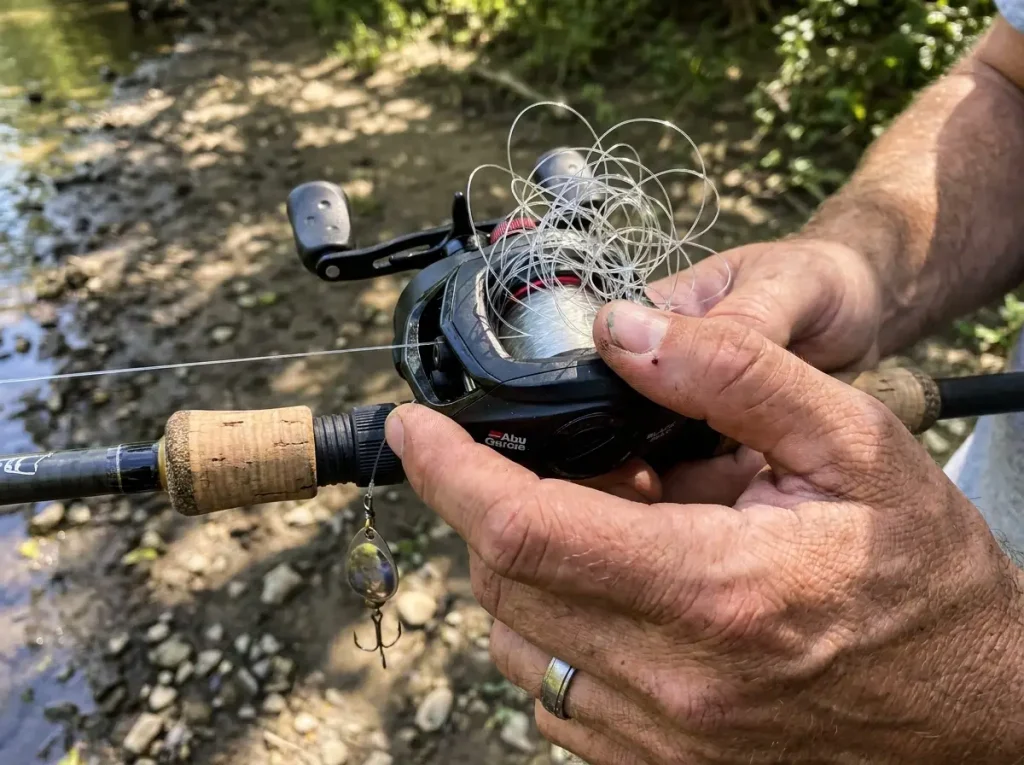 Hands thumbing a backlash bird's nest of line on an Abu Garcia Black Max baitcaster reel