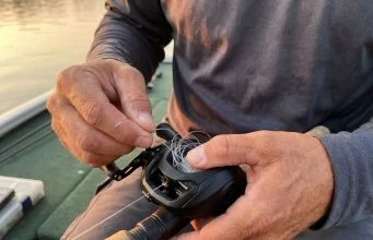 How to Remove Baitcaster Backlash in 60 Seconds Angler's hands working a tangled baitcaster backlash on a bass boat at dawn