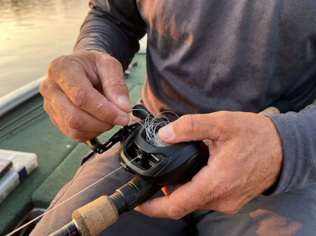 baitcaster-backlash-removal-hero Angler's hands working a tangled baitcaster backlash on a bass boat at dawn