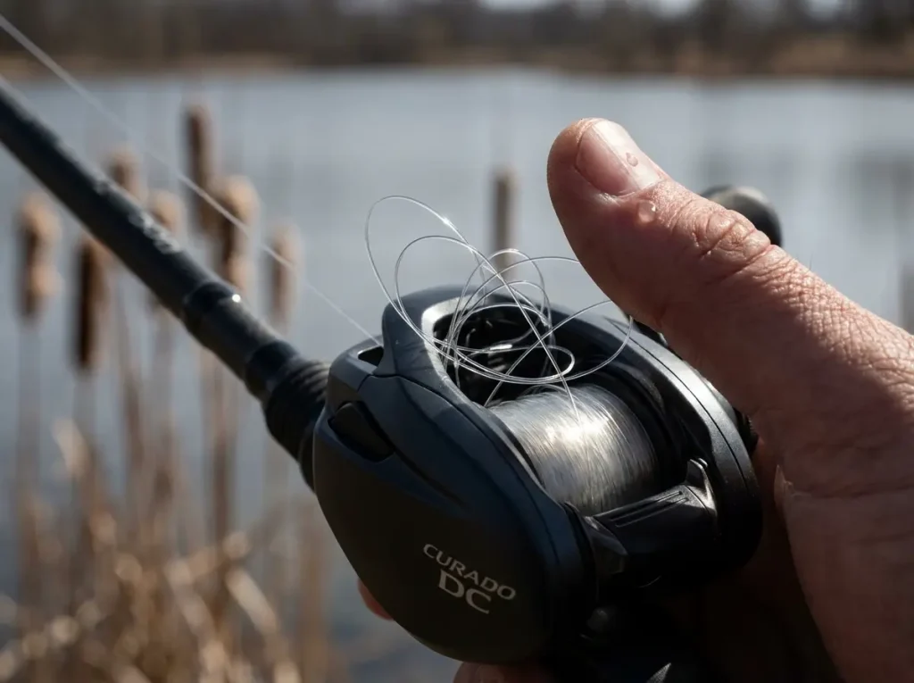 Baitcasting reel spool spinning freely during a cast showing line overrun