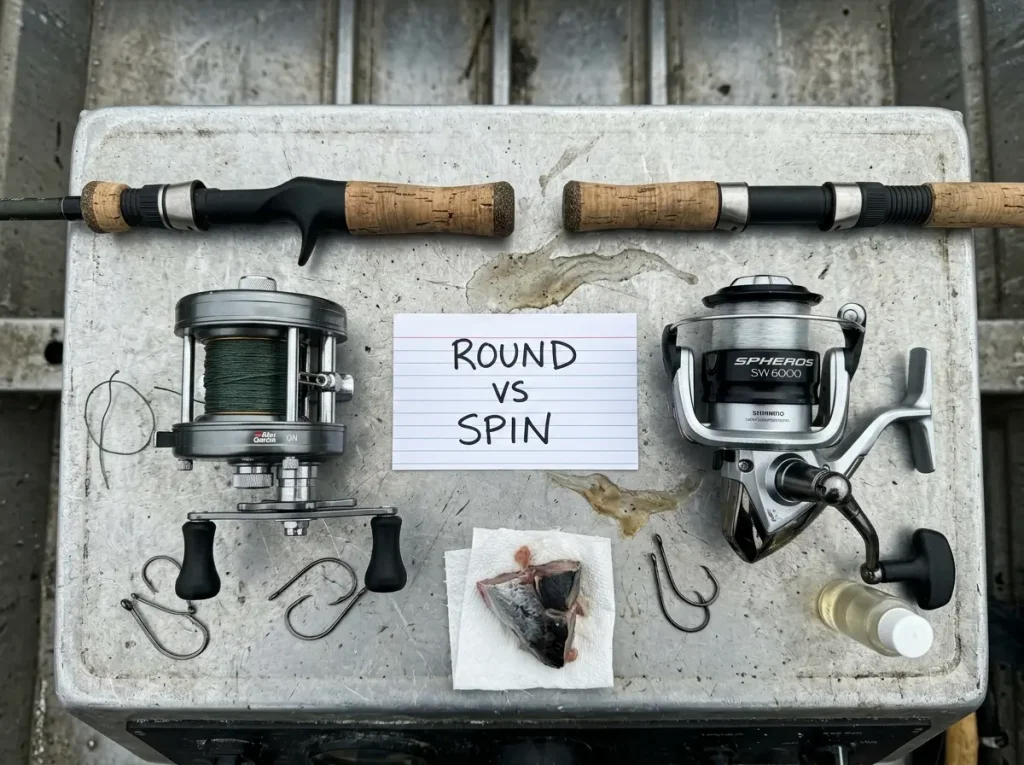 Baitcaster reel and spinning reel side by side on a catfish boat console