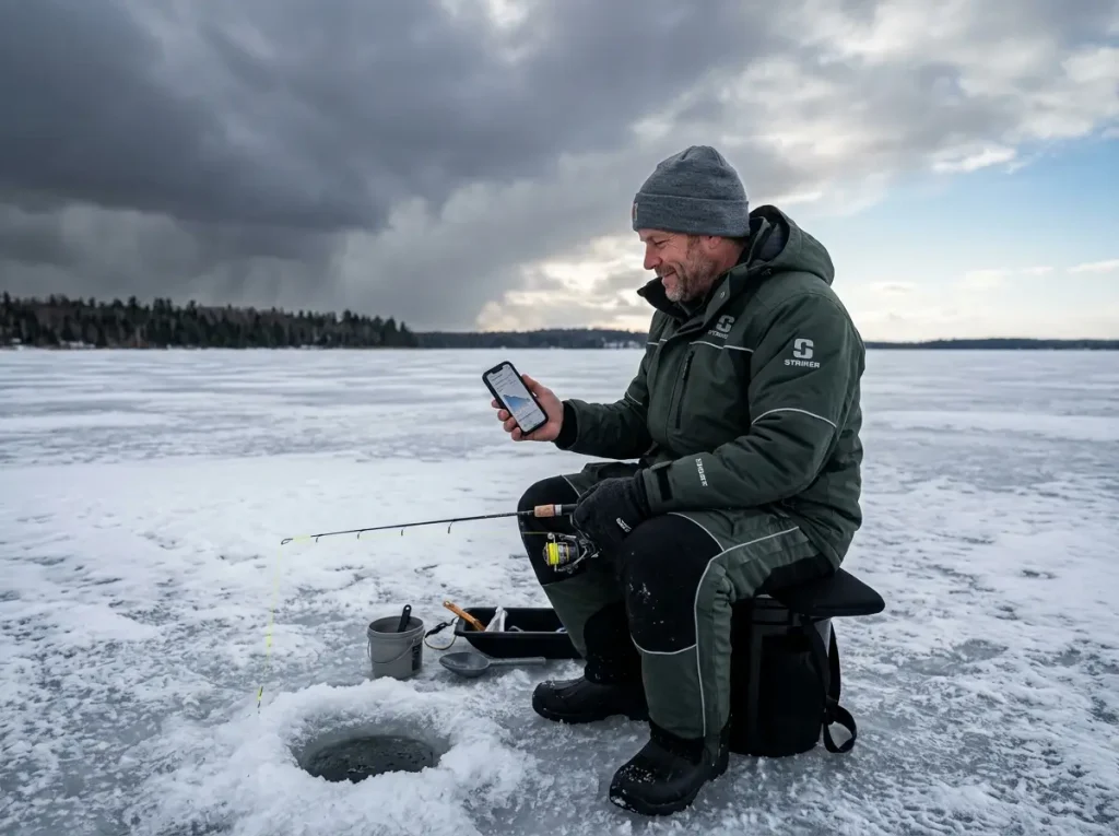 Ice angler checking a weather app on phone while sitting by an ice fishing hole