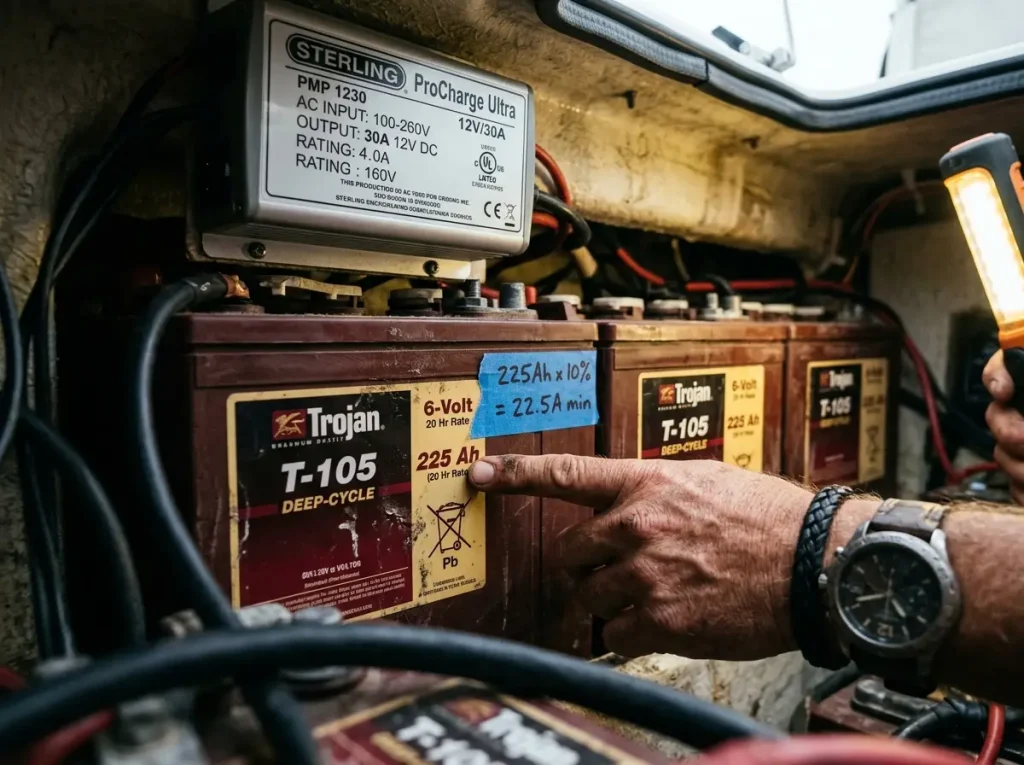 Close-up of battery bank amp hour label next to charger rating plate showing sizing calculation