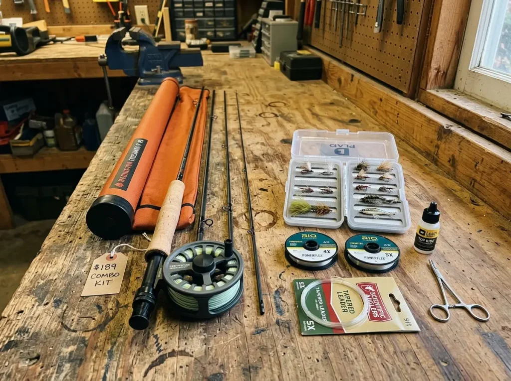 Beginner fly fishing starter kit laid out on wood — rod, reel, line, flies, and tippet