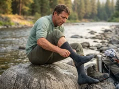 Best Fishing Socks for Dry Feet All Day Angler pulling on merino wool fishing socks beside a river at dawn