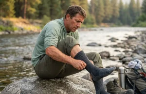 Best Fishing Socks for Dry Feet All Day Angler pulling on merino wool fishing socks beside a river at dawn