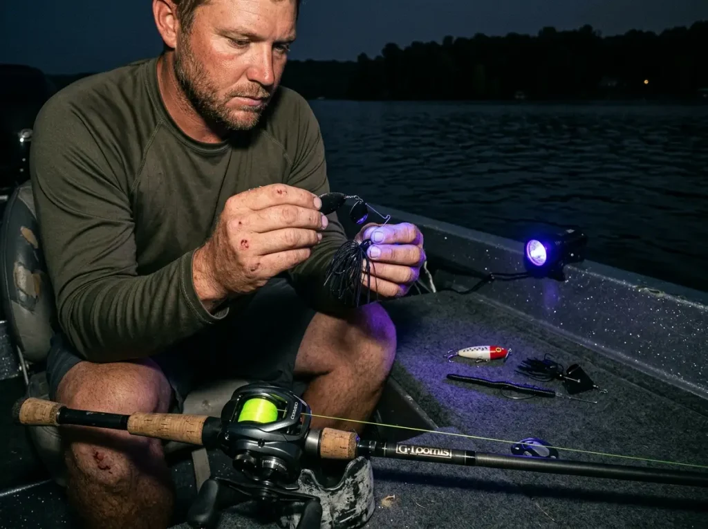 Night bass fishing lures arranged on boat: spinnerbait, buzzbait, jig, and topwater frog