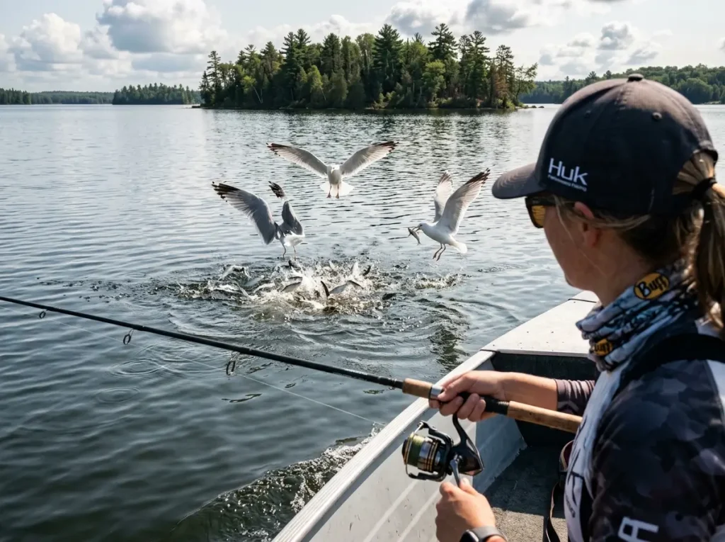 Birds diving over baitfish activity on a lake surface near a shoreline