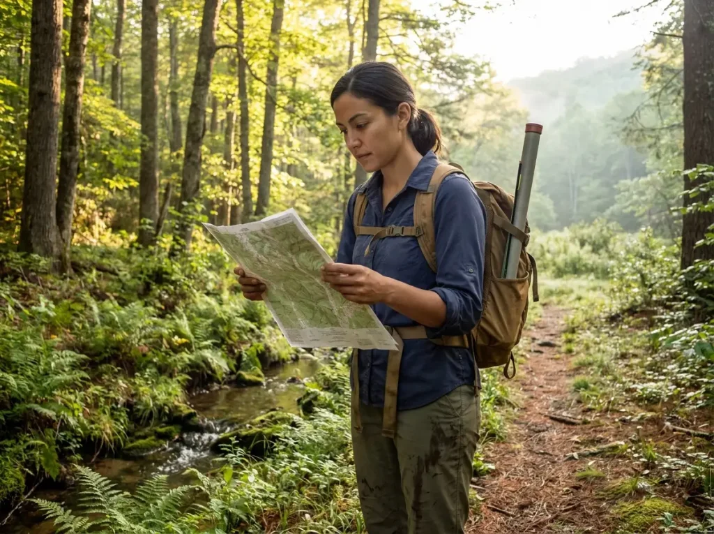 Hiker studying a topographic map on a forest trail near a small stream