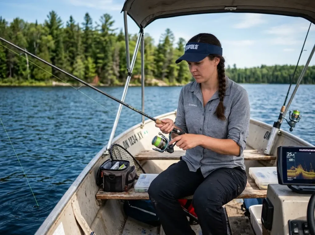 Medium-heavy spinning rod with braided line rigged for bottom bouncing walleye
