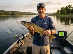 How to Bottom Bounce for Walleye Step by Step Angler holding walleye caught on bottom bouncer rig near boat