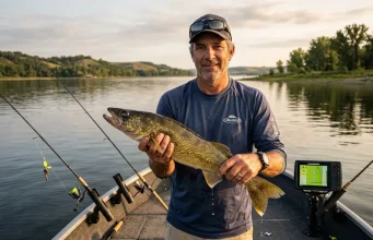 How to Bottom Bounce for Walleye Step by Step Angler holding walleye caught on bottom bouncer rig near boat