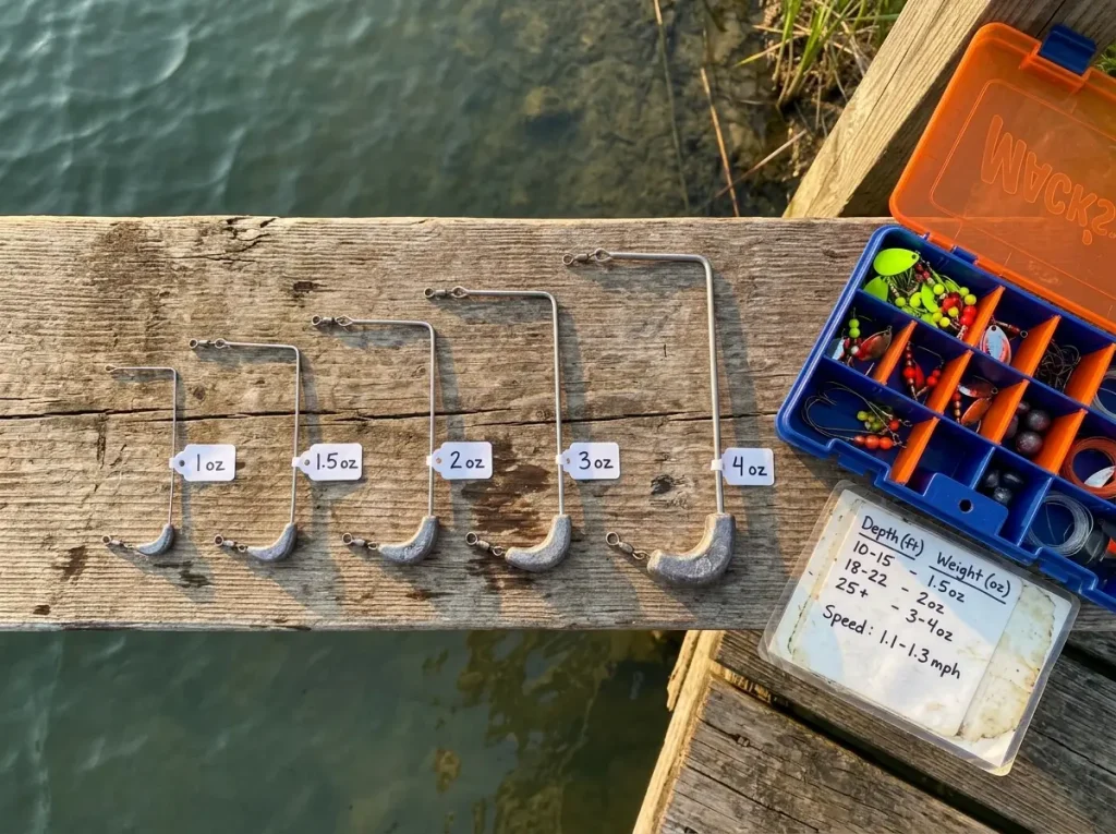 Three different sized bottom bouncers arranged by weight on a tackle tray