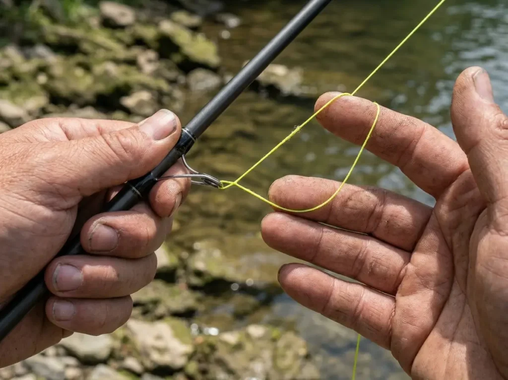 Hands pulling fishing line back like a bowstring to free a snagged lure