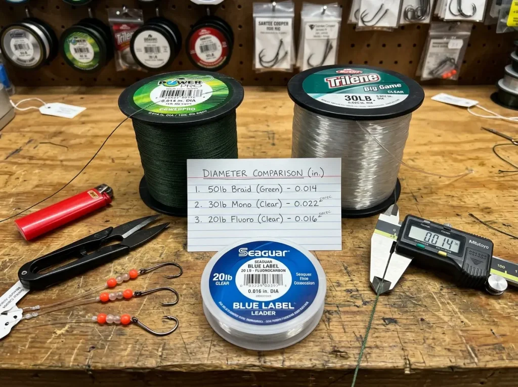 Spools of braided and monofilament line beside catfish tackle on a workbench