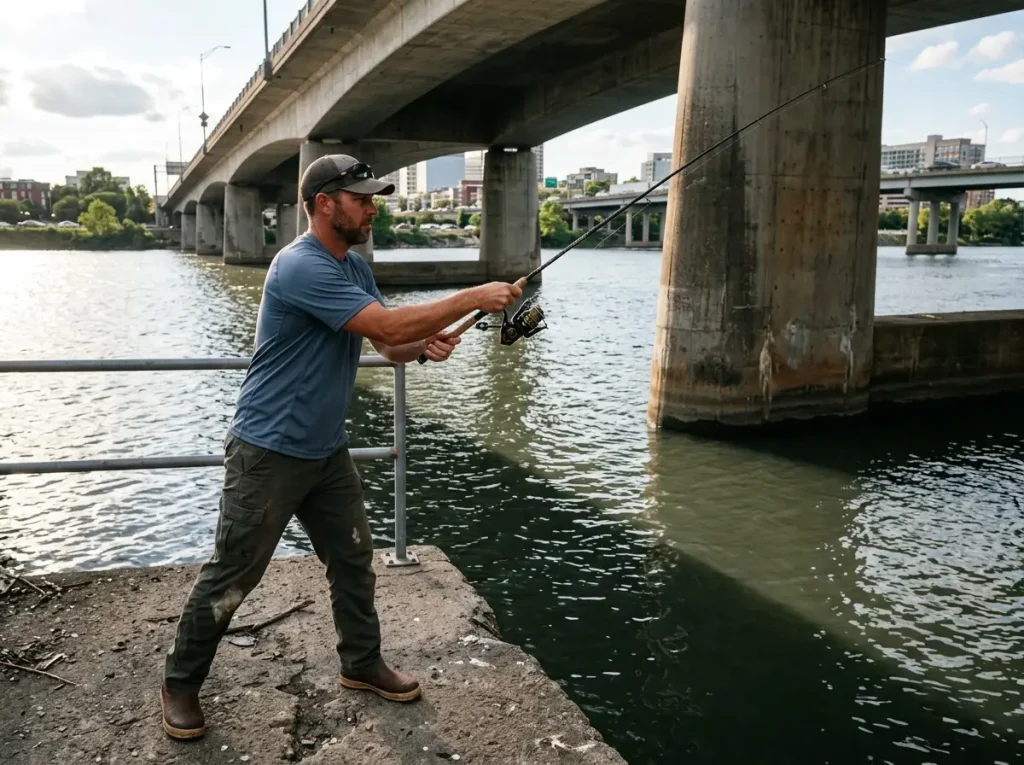 Angler casting to bridge pilings in urban river, targeting shadow line on the water
