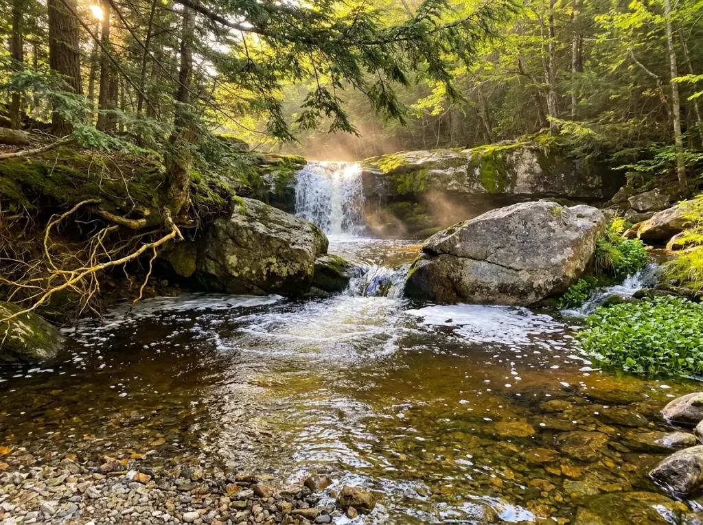 Small mountain stream showing a plunge pool below a mossy waterfall with clear holding water