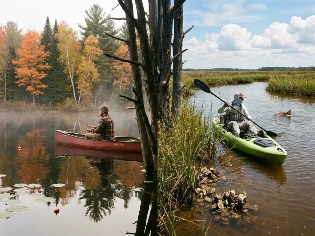 Split scene showing a canoe on a calm pond and a kayak in coastal marsh