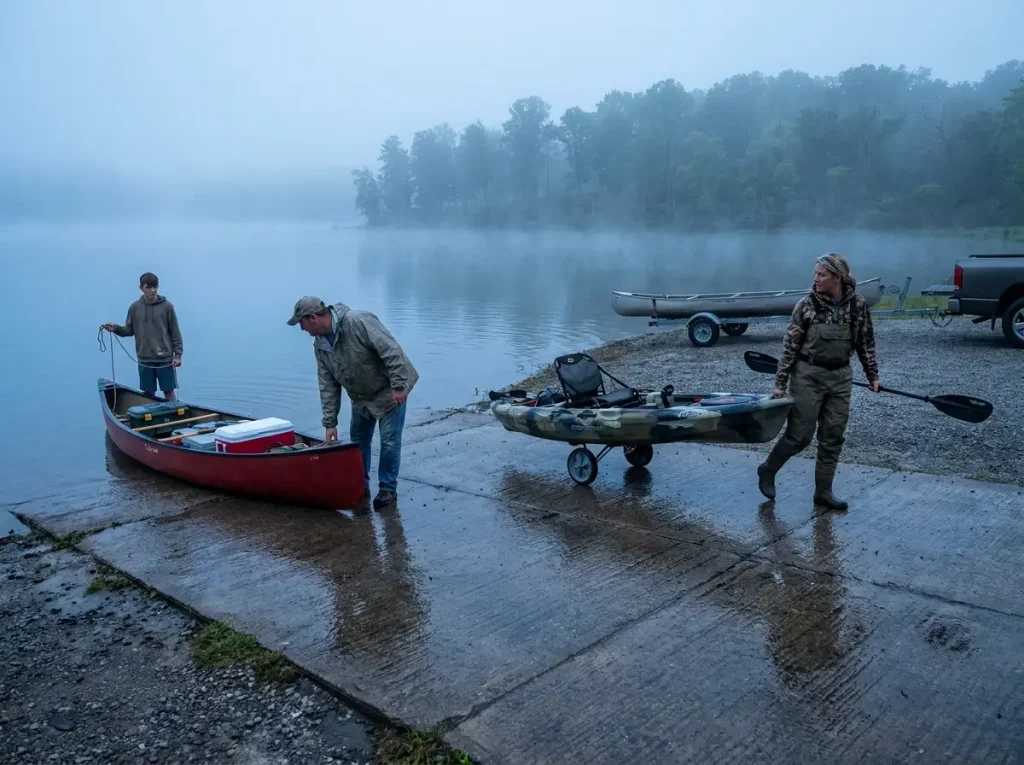 Two anglers at a boat ramp one launching a canoe one launching a kayak